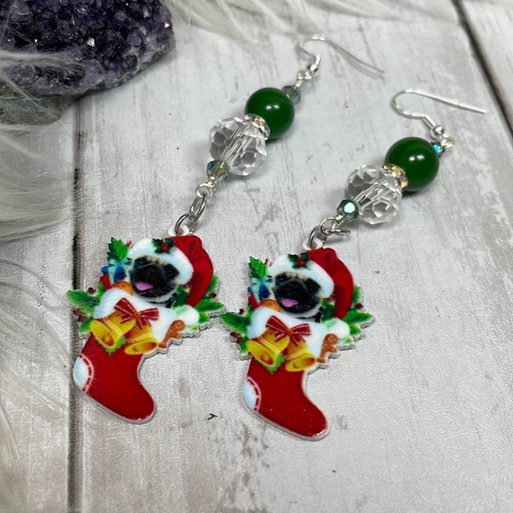 French Bulldog Acrylic Christmas Dangle Earrings Hand Crafted And Double Sided - Picture 5 of 12